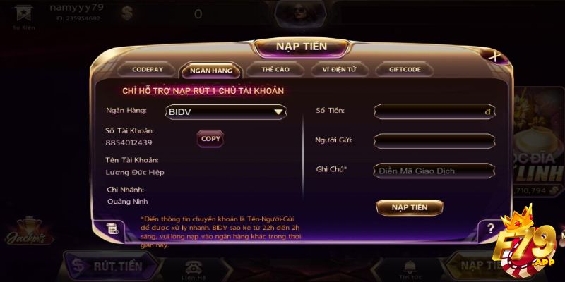 Phương thức gửi vốn cược F79 qua ngân hàng